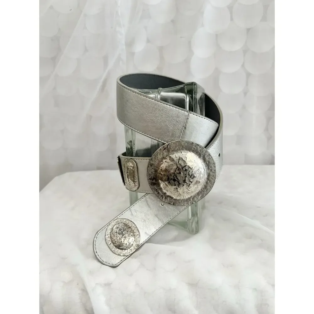 Chicos Silver Metallic White Fashion Belt Genuine Leather Medium Huge Buckle